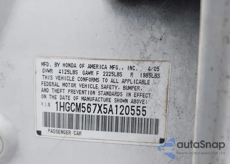 2005 Honda Accord 2.4 Ex z USA, uszkodzony, nr VIN 1HGCM567X5A120555